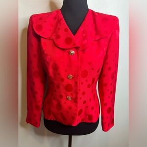 Liz Claiborne | red polka dot blazer with ruffle top and gold filigree buttons